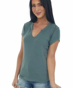 Ces Femme Tops Dark Sage Raw Edge Notch Neck Light Knit Top