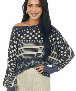 143 Story Tops Dark Stormy Grey Printed Top With Thumbholes