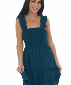 Lime Lush Dark Teal Smocked Ruffle Strap Tiered Dress