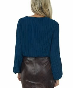 She + Sky Dark Teal Surplice Long Sleeve Pleated Blouse