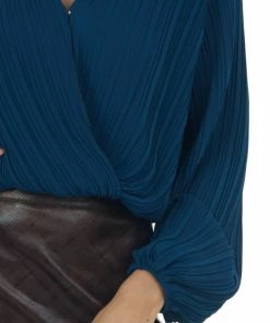 She + Sky Dark Teal Surplice Long Sleeve Pleated Blouse