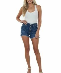 KanCan Dark Wash High Rise Button Up Denim Shorts Bottoms