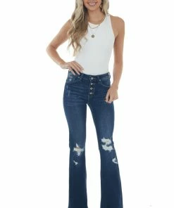 KanCan Dark Wash High Rise Flare Distressed Jeans Bottoms