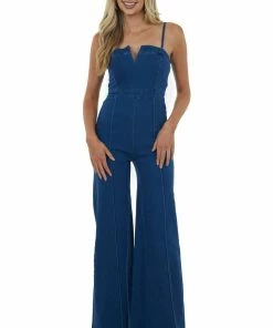 Flying Tomato Dresses Dark Wash Notch Neck Flare Leg Denim Jumpsuit