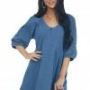 Umgee Dark Wash Pleated Puff Sleeve Denim Dress 2 Umgee Dark Wash Pleated Puff Sleeve Denim Dress