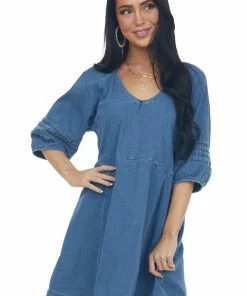 Umgee Dark Wash Pleated Puff Sleeve Denim Dress