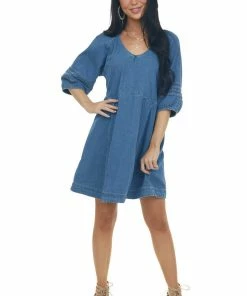 Umgee Dark Wash Pleated Puff Sleeve Denim Dress