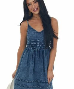 BiBi Dark Wash Sleeveless Cinched Waist Denim Dress Dresses