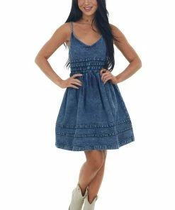 BiBi Dark Wash Sleeveless Cinched Waist Denim Dress Dresses