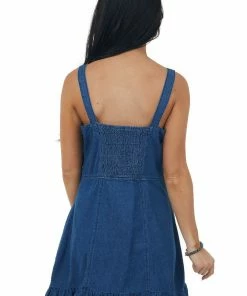 Umgee Dark Wash Sleeveless Denim Button Front Mini Dress Dresses