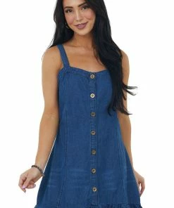 Umgee Dark Wash Sleeveless Denim Button Front Mini Dress Dresses
