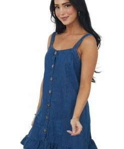 Umgee Dark Wash Sleeveless Denim Button Front Mini Dress Dresses