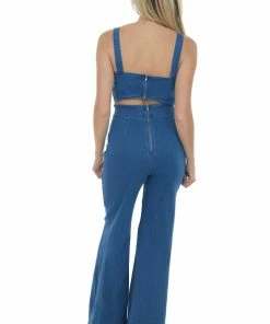 Flying Tomato Dark Wash Sleeveless Flare Leg Denim Jumpsuit Dresses 14 Flying Tomato Dark Wash Sleeveless Flare Leg Denim Jumpsuit Dresses