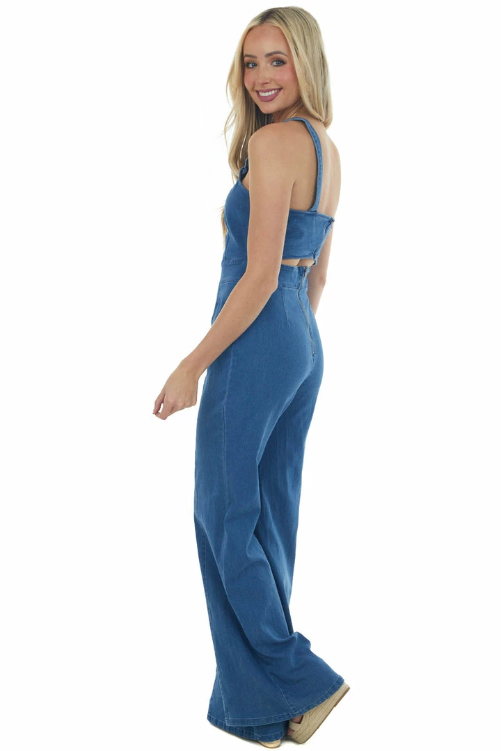 Flying Tomato Dark Wash Sleeveless Flare Leg Denim Jumpsuit Dresses 7 Flying Tomato Dark Wash Sleeveless Flare Leg Denim Jumpsuit Dresses