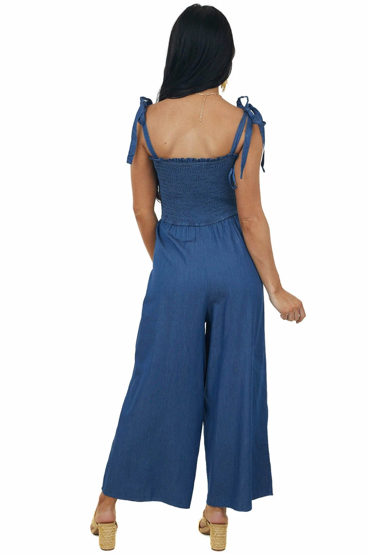She + Sky Dresses Dark Wash Smocked Bodice Chambray Jumpsuit 7 She + Sky Dresses Dark Wash Smocked Bodice Chambray Jumpsuit