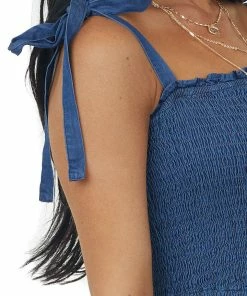 She + Sky Dresses Dark Wash Smocked Bodice Chambray Jumpsuit 13 She + Sky Dresses Dark Wash Smocked Bodice Chambray Jumpsuit