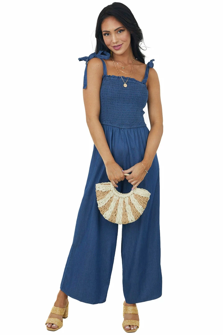 She + Sky Dresses Dark Wash Smocked Bodice Chambray Jumpsuit 4 She + Sky Dresses Dark Wash Smocked Bodice Chambray Jumpsuit