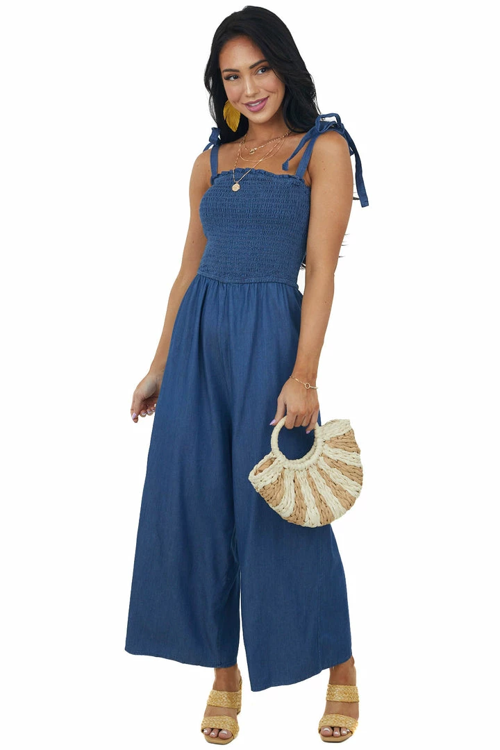 She + Sky Dresses Dark Wash Smocked Bodice Chambray Jumpsuit 3 She + Sky Dresses Dark Wash Smocked Bodice Chambray Jumpsuit