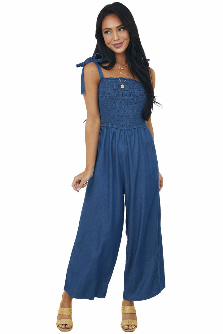 She + Sky Dresses Dark Wash Smocked Bodice Chambray Jumpsuit 5 She + Sky Dresses Dark Wash Smocked Bodice Chambray Jumpsuit