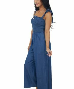She + Sky Dresses Dark Wash Smocked Bodice Chambray Jumpsuit 11 She + Sky Dresses Dark Wash Smocked Bodice Chambray Jumpsuit
