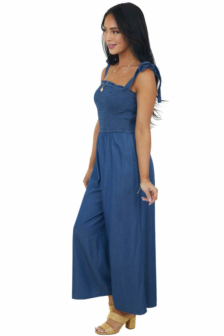 She + Sky Dresses Dark Wash Smocked Bodice Chambray Jumpsuit 6 She + Sky Dresses Dark Wash Smocked Bodice Chambray Jumpsuit