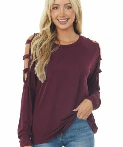Lime Lush Dark Wine Ladder Cold Shoulder Loose Top Tops