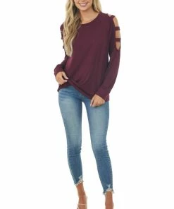 Lime Lush Dark Wine Ladder Cold Shoulder Loose Top Tops