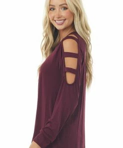Lime Lush Dark Wine Ladder Cold Shoulder Loose Top Tops