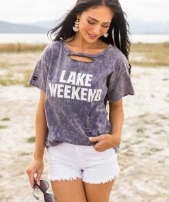 BiBi Tops Dark Dusty Blue Washed 'Lake Weekend' Knit Top