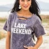 BiBi Tops Dark Dusty Blue Washed 'Lake Weekend' Knit Top