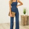 Flying Tomato Dark Wash Flare Leg Sleeveless Denim Jumpsuit Dresses