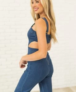 Flying Tomato Dark Wash Flare Leg Sleeveless Denim Jumpsuit Dresses