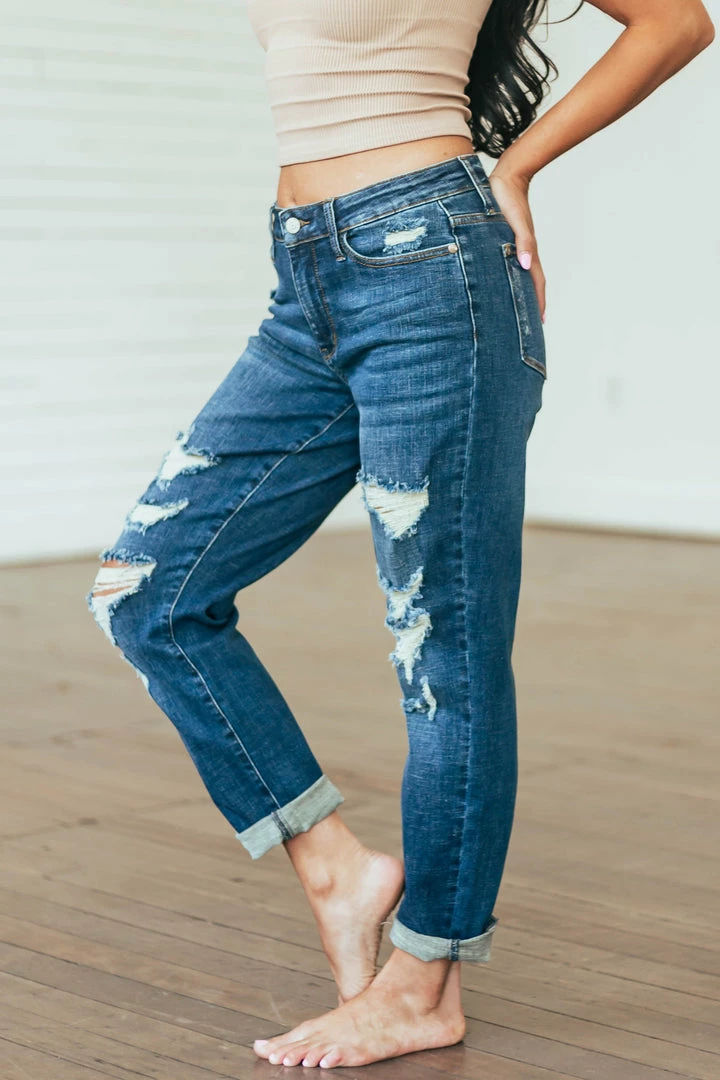 Judy Blue Dark Wash High Rise Distressed Boyfriend Jeans Bottoms 4 Judy Blue Dark Wash High Rise Distressed Boyfriend Jeans Bottoms