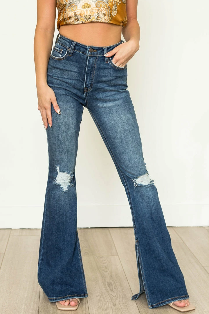 Cello Jeans Dark Wash High Rise Flare Jeans With Side Slits 3 Cello Jeans Dark Wash High Rise Flare Jeans With Side Slits