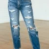 KanCan Bottoms Dark Wash High Rise Mom Fit Heavy Torn Jeans