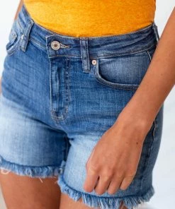 KanCan Dark Wash High Rise Shorts With Frayed Hem Detail Bottoms