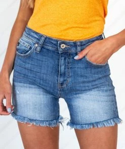 KanCan Dark Wash High Rise Shorts With Frayed Hem Detail Bottoms