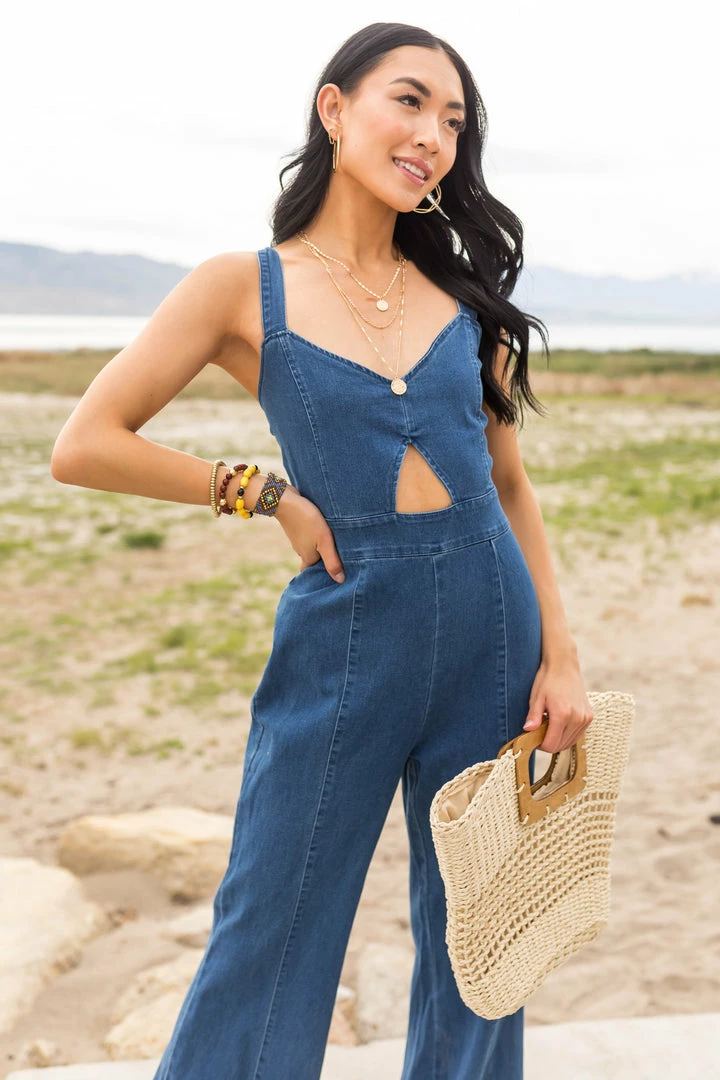 Flying Tomato Dark Wash Sleeveless Flare Leg Denim Jumpsuit Dresses 4 Flying Tomato Dark Wash Sleeveless Flare Leg Denim Jumpsuit Dresses