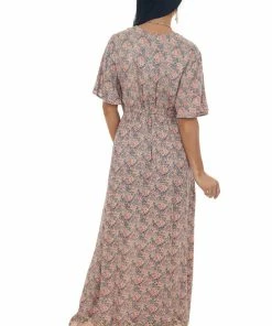 ANGIE Dresses Deep Cherry Blossom Floral Surplice Maxi Dress