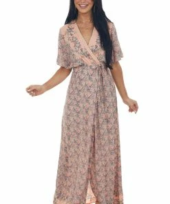 ANGIE Dresses Deep Cherry Blossom Floral Surplice Maxi Dress