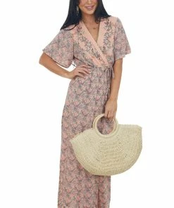 ANGIE Dresses Deep Cherry Blossom Floral Surplice Maxi Dress