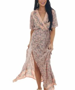 ANGIE Dresses Deep Cherry Blossom Floral Surplice Maxi Dress