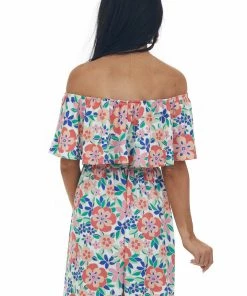 Lovely Melody Dresses Deep Coral Floral Print Off Shoulder Short Dress