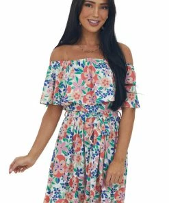 Lovely Melody Dresses Deep Coral Floral Print Off Shoulder Short Dress