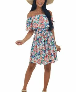 Lovely Melody Dresses Deep Coral Floral Print Off Shoulder Short Dress