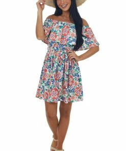 Lovely Melody Dresses Deep Coral Floral Print Off Shoulder Short Dress