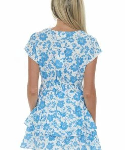 Sweet Lemon Deep Cornflower Floral Print Tiered Short Dress