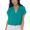 Kori America Deep Jade Surplice Blouson Woven Bodysuit Tops