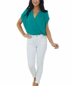 Kori America Deep Jade Surplice Blouson Woven Bodysuit Tops 10 Kori America Deep Jade Surplice Blouson Woven Bodysuit Tops