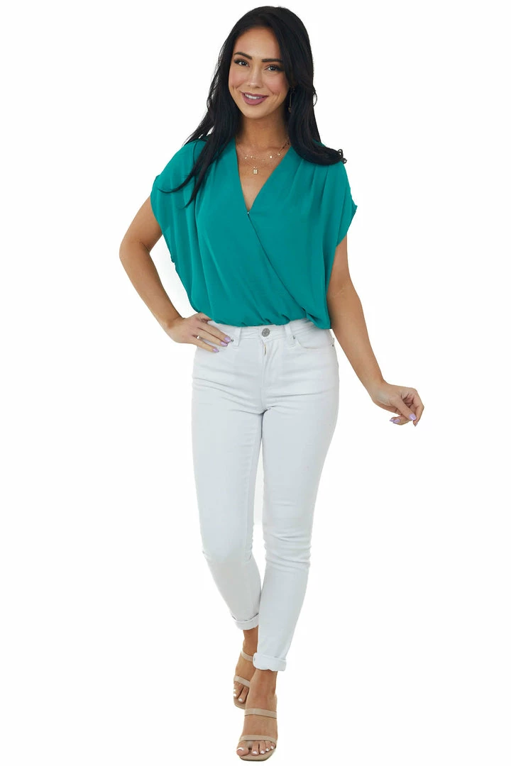 Kori America Deep Jade Surplice Blouson Woven Bodysuit Tops 5 Kori America Deep Jade Surplice Blouson Woven Bodysuit Tops